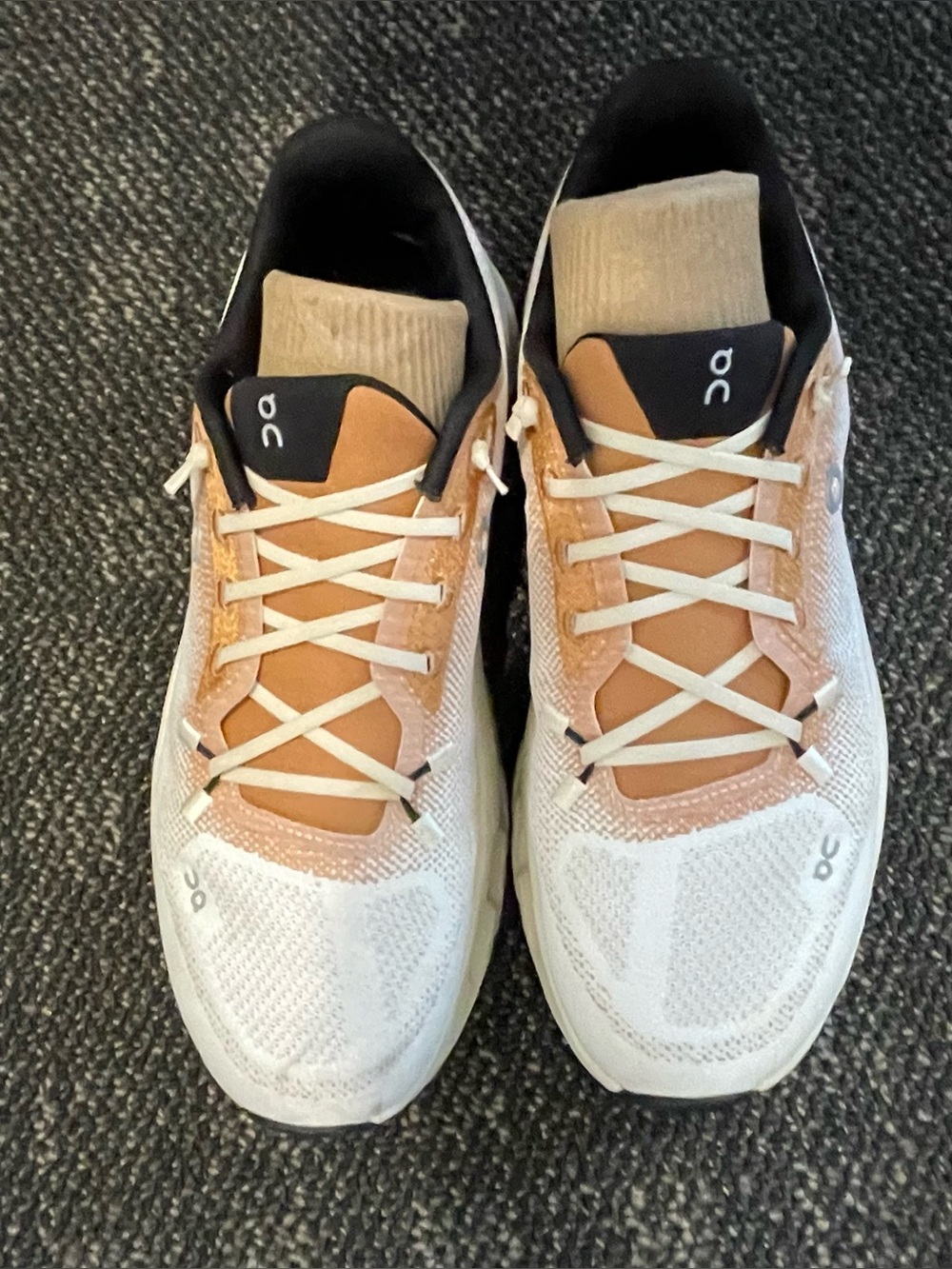 On Running Sneakers in White and Tan, Size 9